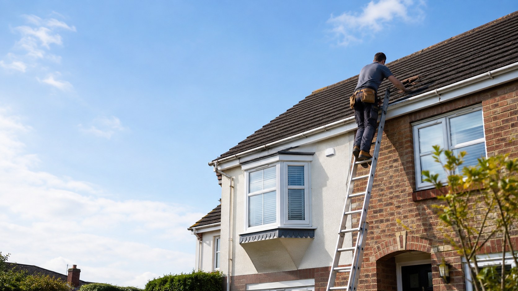 Roofer inspecting the roof of a well-maintained British house