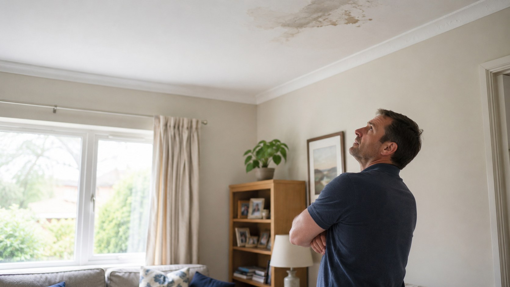 Homeowner inspecting a ceiling stain caused by a possible roof leak